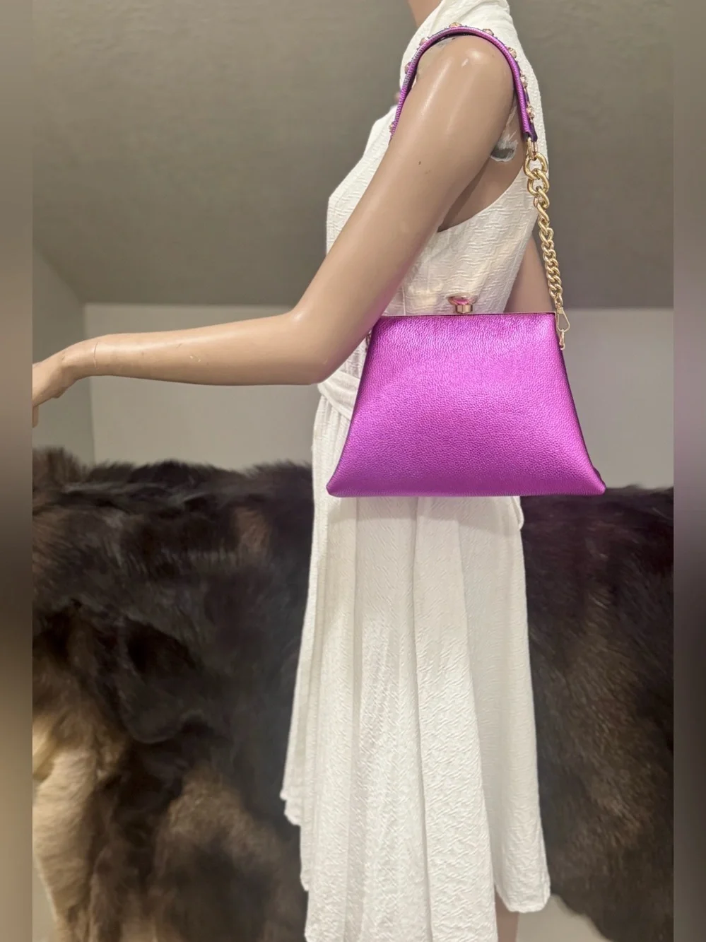 Metallic Purple Pebble Cowhide Handmade Push Lock Boxy Bag, Multi Use Style Bag